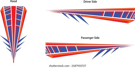 Full color 90s futuristic style racing stripe graphics for vehicles hood, passenger and driver sides. Car, truck, boat, motorcycle and automobiles. Vector eps graphic design.