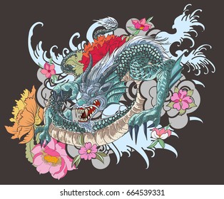 Full Color Asian Dragon Tattoo ,coloring book Japanese style