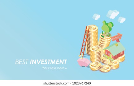 full color bitcoin concept vector illustration of home , stair, piggy bank savings and making investments for bitcoin and blockchain. isometric design of investment bitcoin for better future