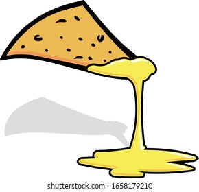 Full Color Cartoon Style Vector Illustration Of Nacho Cheese Dripping From Floating Tortilla Chip With Drop Shadow Graphic Design Easy To Edit