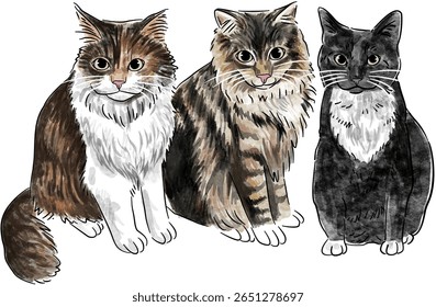 Esboço pintado à mão de gato de cor completa