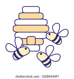 full color cute bees insect flying about honeycomb