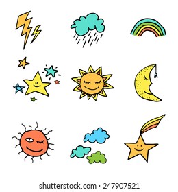 Full color cute and funny doodle style weather icons set