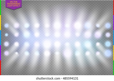 Full color disco spotlight light effect. Abstract violet, purple and blue glow rays transparent  background