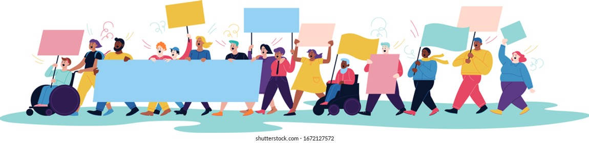 Full color flat illustration of people protesting with blank posters and flags