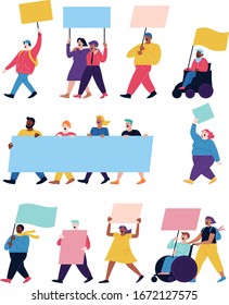 Full color flat illustration of people protesting with blank posters and flags