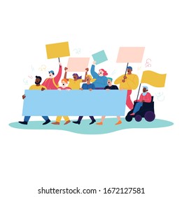 Full color flat illustration of people protesting with blank posters and flags