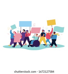 Full color flat illustration of people protesting with blank posters and flags