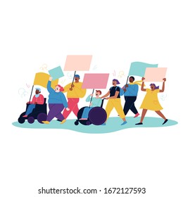 Full color flat illustration of people protesting with blank posters and flags