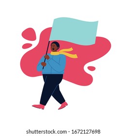 Full color flat illustration of a person protesting with a smooth form on the background