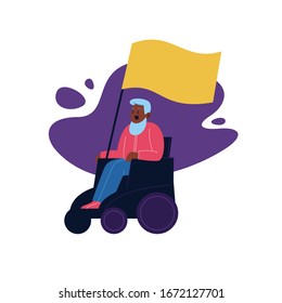 Full color flat illustration of a person protesting with a smooth form on the background