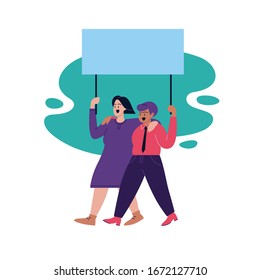 Full color flat illustration of a person protesting with a smooth form on the background