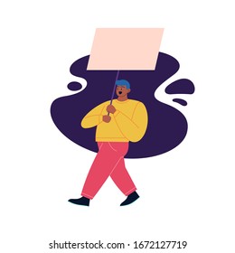 Full color flat illustration of a person protesting with a smooth form on the background