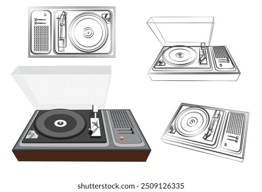 Full color gramophone with black line sketches on white background