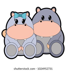 full color hippopotamus couple cute animal together