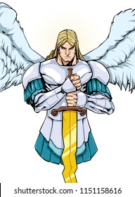 Full color illustration of Archangel Michael holding his sword. 