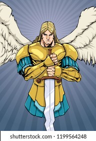 Full color illustration of Archangel Michael holding his sword. 
