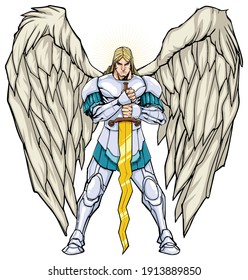 Full color illustration of Archangel Michael holding his sword.