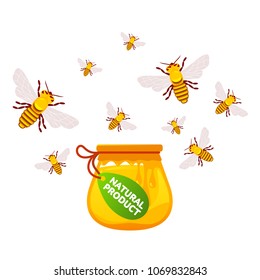 Full color illustration bee, hive, apiary, honey jar and dipper logos for honey products, labels, bee farms and apiaries. Flat style vector illustrations isolated on white background.