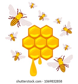 Full color illustration bee, hive, apiary, honey jar and dipper logos for honey products, labels, bee farms and apiaries. Flat style vector illustrations isolated on white background.