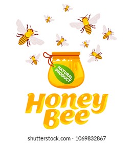 Full color illustration bee, hive, apiary, honey jar and dipper logos for honey products, labels, bee farms and apiaries. Flat style vector illustrations isolated on white background.