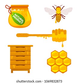 Full color illustration bee, hive, apiary, honey jar and dipper logos for honey products, labels, bee farms and apiaries. Flat style vector illustrations isolated on white background.