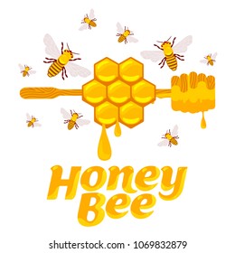 Full color illustration bee, hive, apiary, honey jar and dipper logos for honey products, labels, bee farms and apiaries. Flat style vector illustrations isolated on white background.