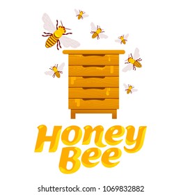 Full color illustration bee, hive, apiary, honey jar and dipper logos for honey products, labels, bee farms and apiaries. Flat style vector illustrations isolated on white background.