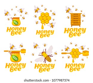 Full color illustration bee, hive, apiary, honey jar and dipper logos for honey products, labels, bee farms and apiaries. Flat style vector illustrations isolated on white background.