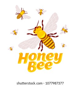 Full color illustration bee, hive, apiary, honey jar and dipper logos for honey products, labels, bee farms and apiaries. Flat style vector illustrations isolated on white background.