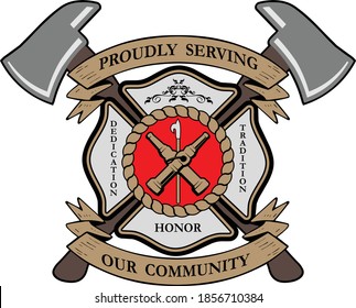 Full color illustration of fire department shield with crossed axes, hose nozzles and banner scrolls. Illustrator eps vector graphic design.