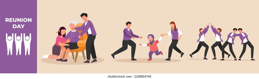 imagen a todo color de una persona que regresa de fuera de la ciudad y se reúne con su familia y amigos después de una larga ausencia de casa. reunión, familia, amigos.
