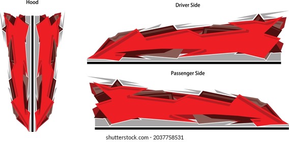 Full color layered geometric abstract racing stripe graphic for car, truck, boat or motorcycle. both passenger and driver side with hood. Vector eps design. Editable.