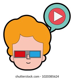full color man head with 3d glasses with video inside chat bubble
