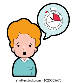 full color man with t-shirt and choronometer inside chat bubble