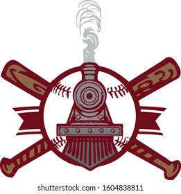 Full color modern vector illustrated vector graphic design baseball with train locomotive and bats crossed emblem or logo template easy to edit
