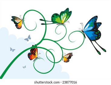 Full color ornament with butterflies resting on a branch. No gradient fills. Easy to customize and change colors.
