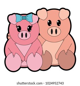 full color pig couple cute animal together