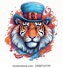 Full color portrait of a cartoon tiger wearing a hat. Watercolor drawing stains and streaks of paint. Isolated on white