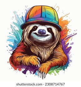 Full color portrait of a cute sloth wearing a hat. Watercolor drawing with stains and streaks of paint Isolated on white