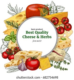 Full color realistic cheese banner, hand drawn vector sketch illustration, poster design for restaurants.