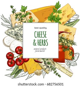 Full color realistic cheese banner, hand drawn vector sketch illustration, poster design for restaurants.