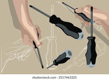 Full color screwdrivers tools with hands hold screwdrivers handle tools on brown background. White line icons, sketches of screwdrivers. Vector illustration. 