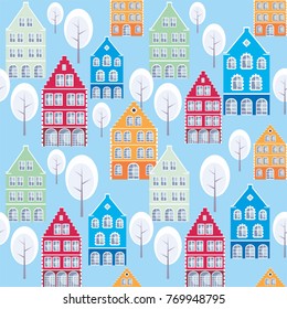 Full color seamless pattern with the image of the houses of the old town. Vector background.