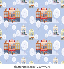 Full color seamless pattern with the image of the houses of the old town. Vector background.