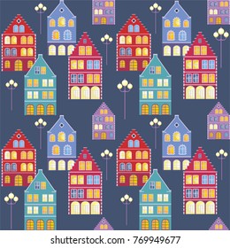 Full color seamless pattern with the image of the houses of the old town. Vector background.