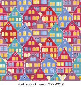 Full color seamless pattern with the image of the houses of the old town. Vector background.