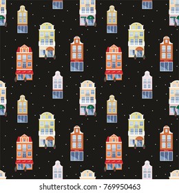 Full color seamless pattern with the image of the houses of the old town. Vector background.