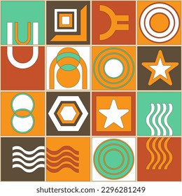 Vollfarbiges, nahtloses Muster mit verschiedenen Formen im Bauhaus-Stil. Symbolsatz. Erfrischte Palette. Vektorgrafik