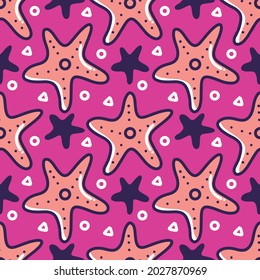 full color seamless starfish pattern doodles on pink background